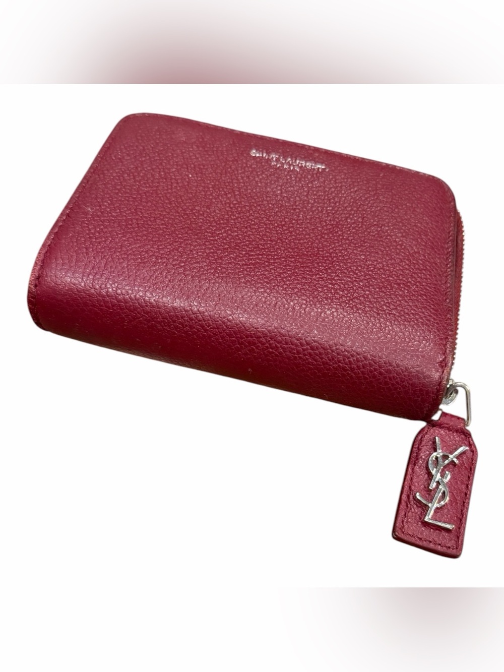 Saint Laurent Red Pebbled Leather Zip Card Holder